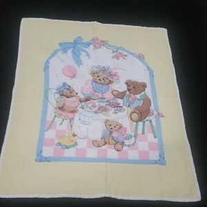 Bear Tea Party Blue & Yellow Comforter Crib Baby Vintage 1980s Homemade